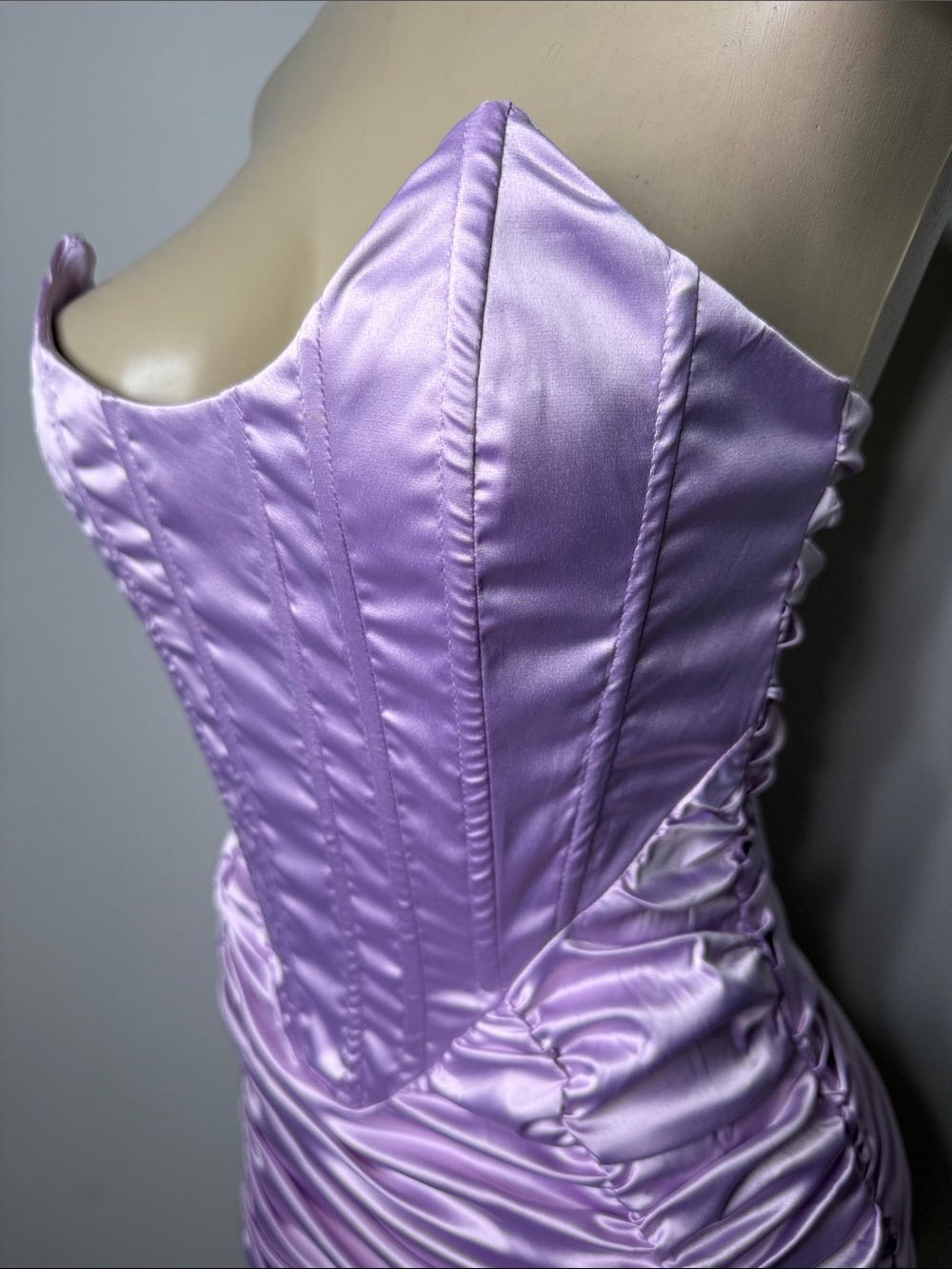 Satin Ruched Corset Mini Dress in Lilac - Picture 3 of 9